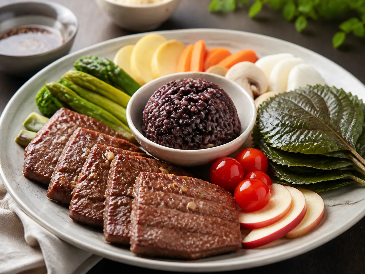 방울토마토를 곁들인 너비아니구이와 쌈밥